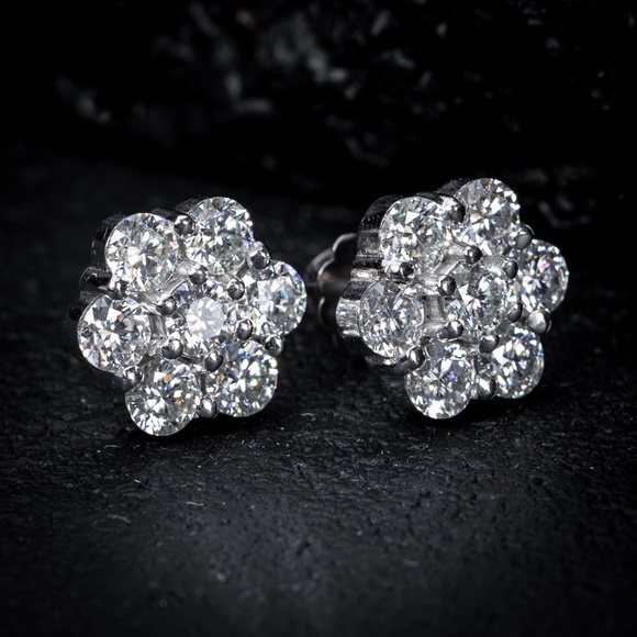 White Gold Flower Cluster 925 Sterling Silver Cz Stud Large Screw Back Earrings - Picture 2 of 5